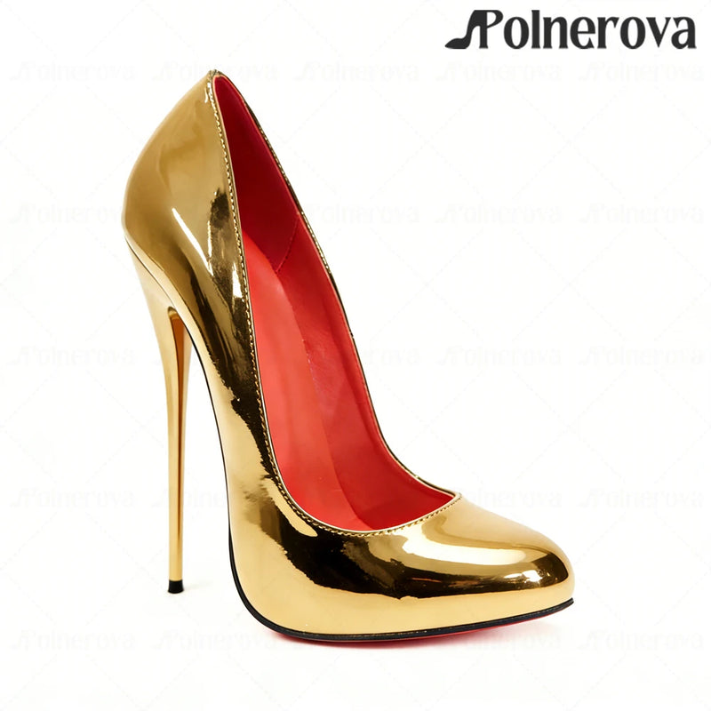 16cm Brown Patent PU Leather Pumps Sexy Style Sliop on Round Toe High Heels Ultimate Lacquered Heel Pumps Women's Daily Footwear