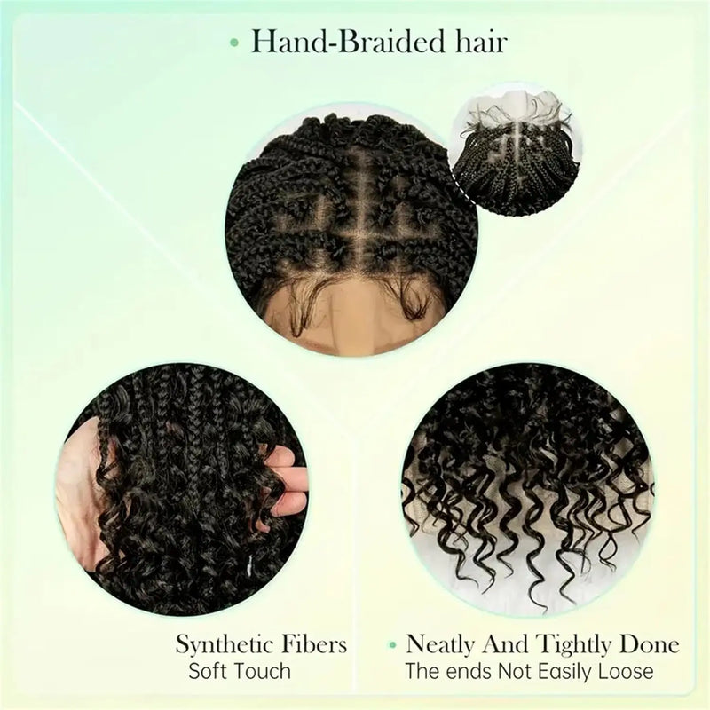14/16/18" Short Knotless Box Braided Wig with Curly Ends Synthetic Full Lace Boho Braided Hair Wigs for Black Women Fluffy Wig