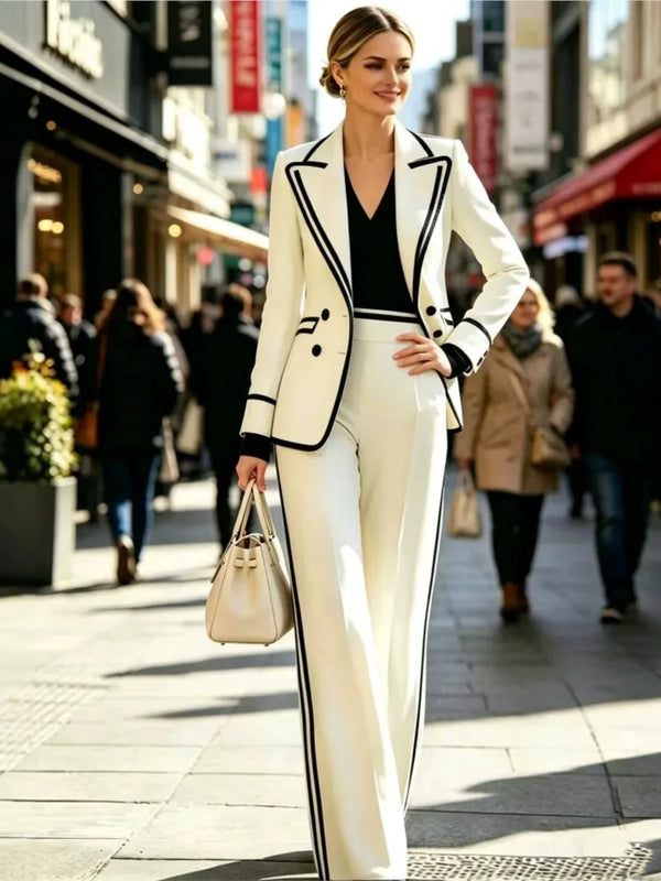 Elegant Women's Double Breasted Blazer Casual 2 Piece Set Autumn Lapel Long Sleeve Blazer Coats With Long Pants Office Suits