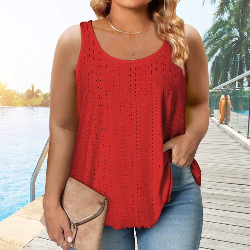 Plus Size Curved Hem Tank Top, Casual Crew Neck Sleeveless Tank Top For Summer, Women's Plus Size Clothing