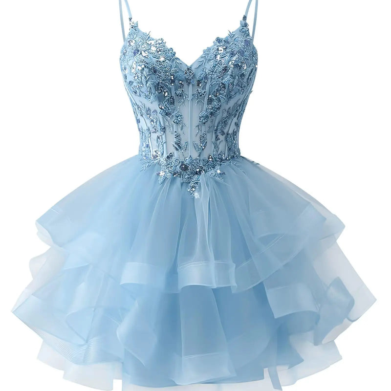 Customized Tiered Tulle A Line Homecoming Dress For Teens Sparkly Lace Applique Beaded Short Prom Dress Mini Cocktail Party Gown