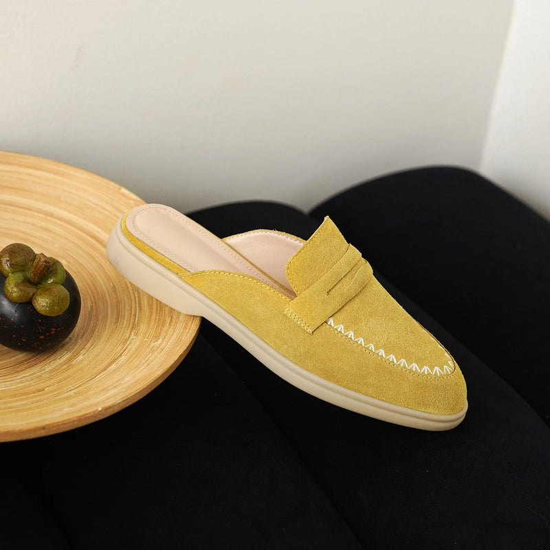New Genuine Leather Cowhide Women Mules,Round Toe Slip-on Women Slippers,Flats Women Shoes