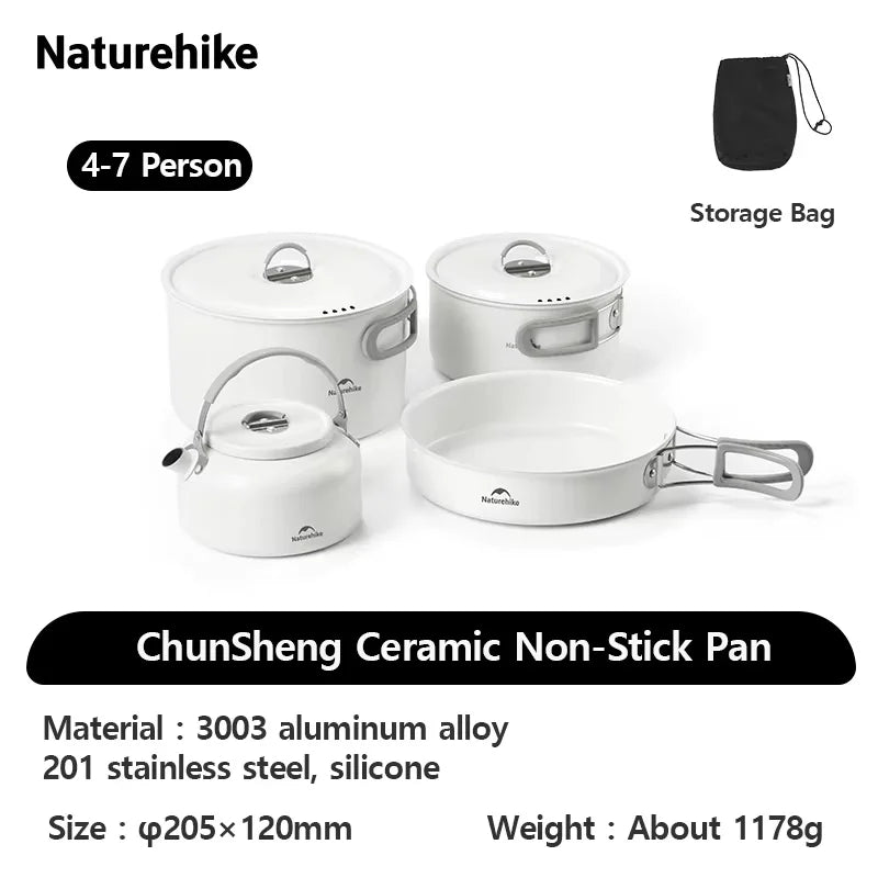 Naturehike Ceramic Non-Stick Set Of Pots Camping Cookware Kit Outdoor Frying Pan Kettle Picnic Tableware Kitchen Utensils