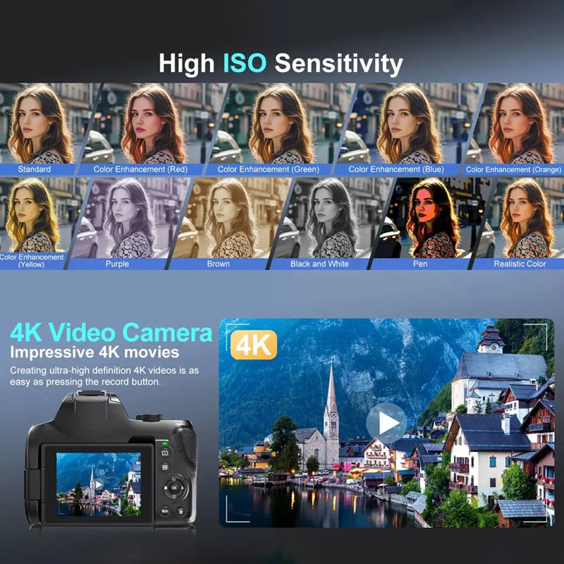 4K DSLR Digital Camera 3-Inch 72MP Photography Camera with 12X Optical Zoom 180° Flip Screen Autofocus for Ins YouTube Webcast