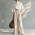 Stand Collar Top & Flare Pants Suits Women Lantern Sleeve Pocket Contrast Two Piece Set High Waist Resort Casual Matching Outfit