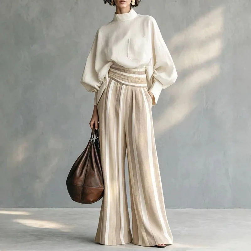 Stand Collar Top & Flare Pants Suits Women Lantern Sleeve Pocket Contrast Two Piece Set High Waist Resort Casual Matching Outfit