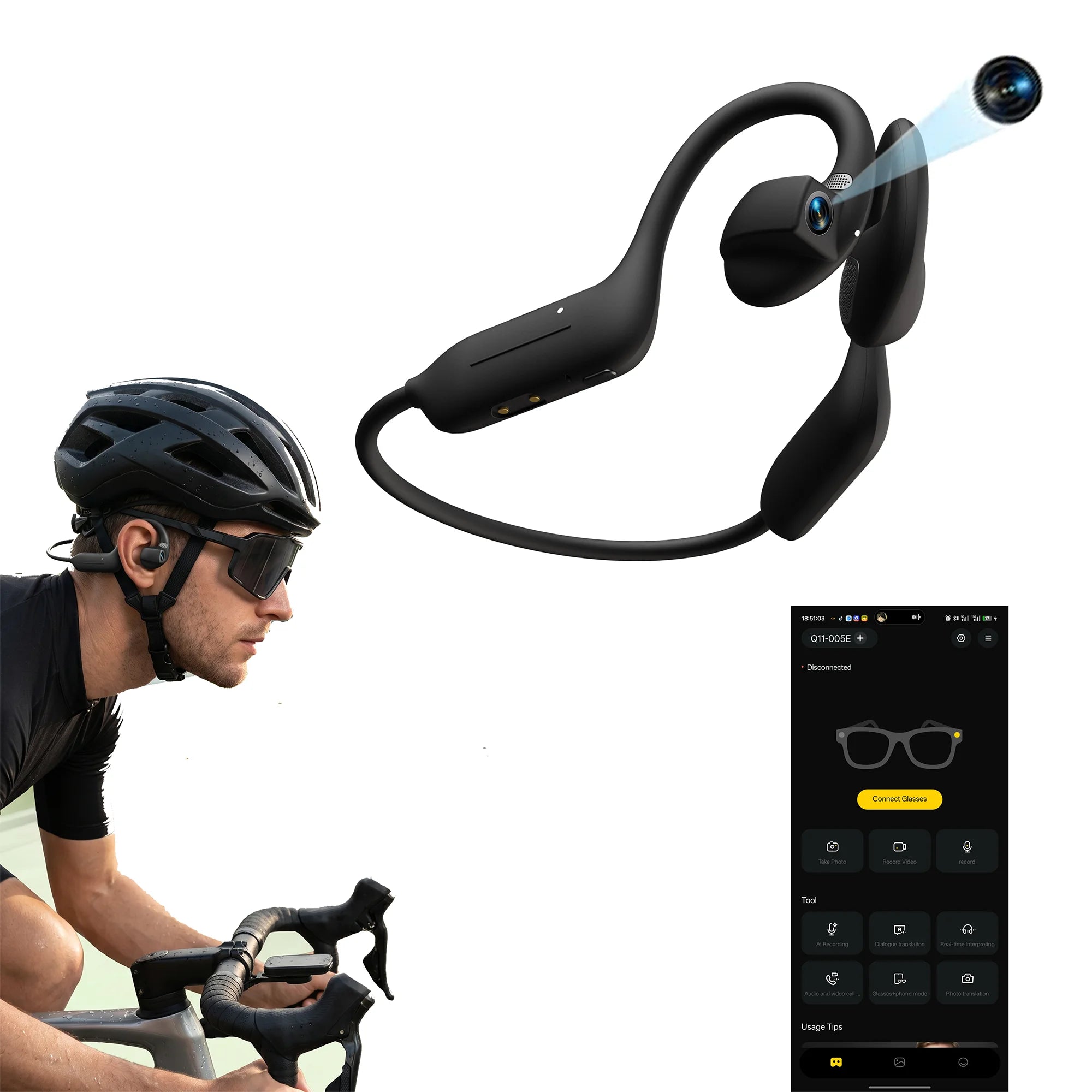 AI Camera Headphones 8MP HD Recording Smart AI Translation Ear Hanging Air Conduction Earphones Bluetooth Outdoor Cycling Record