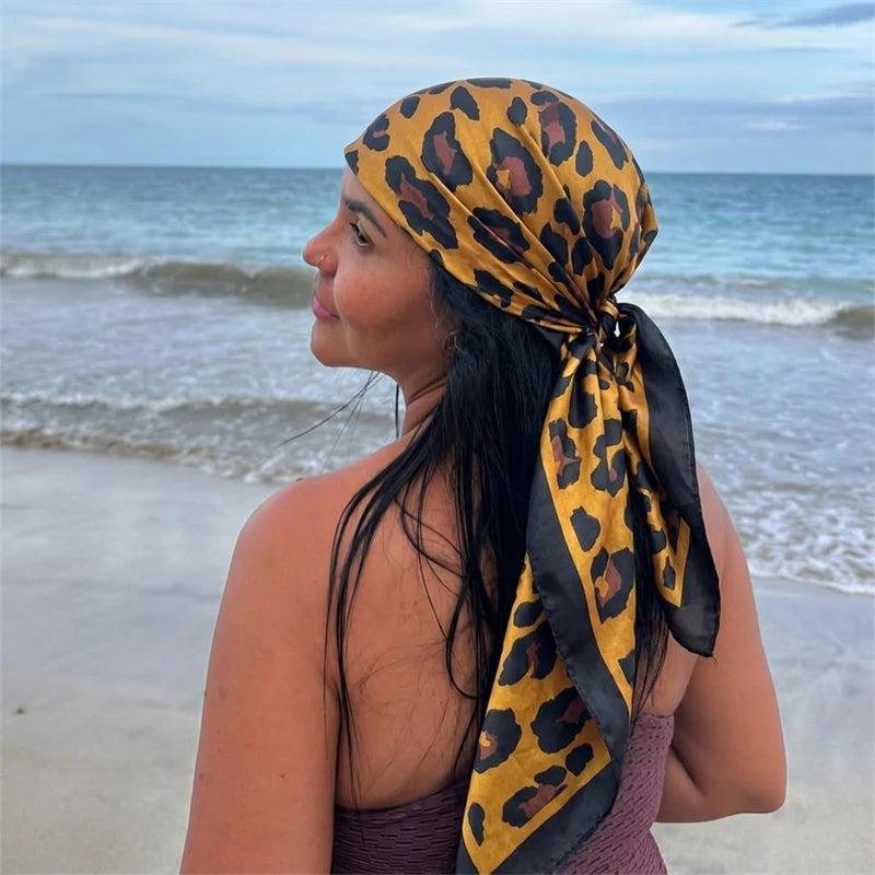 Luxury Brand 2026 Leopard Print Square Silk Scarf for Women Hijab Hair Bands 90cm Neckerchief Female Satin Shawl Ribbon Headband