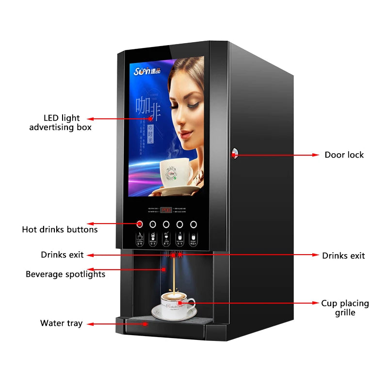 E-30SW Automatic Instant Coffee Machine Commercial Milk Tea Vending Machine with LED Light Box for Office and Restaurant