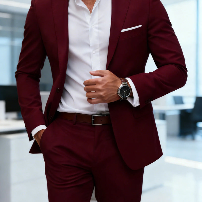 Men's Burgundy 2-Piece Suit Set (Blazer + Trousers Only, No Vest Included),Slim Fit Formal Business Wedding Party Jacket & Pants