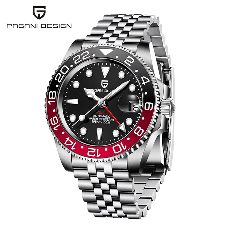 Top PAGANI DESIGN PD1662 Men GMT Automatic Mechanical Watch Black Ceramic Bezel Sapphire Glass 100M Waterproof Jubilee Stainless Steel Bracelet Sports Diver Wristwatch Reloj Hombre+gift box