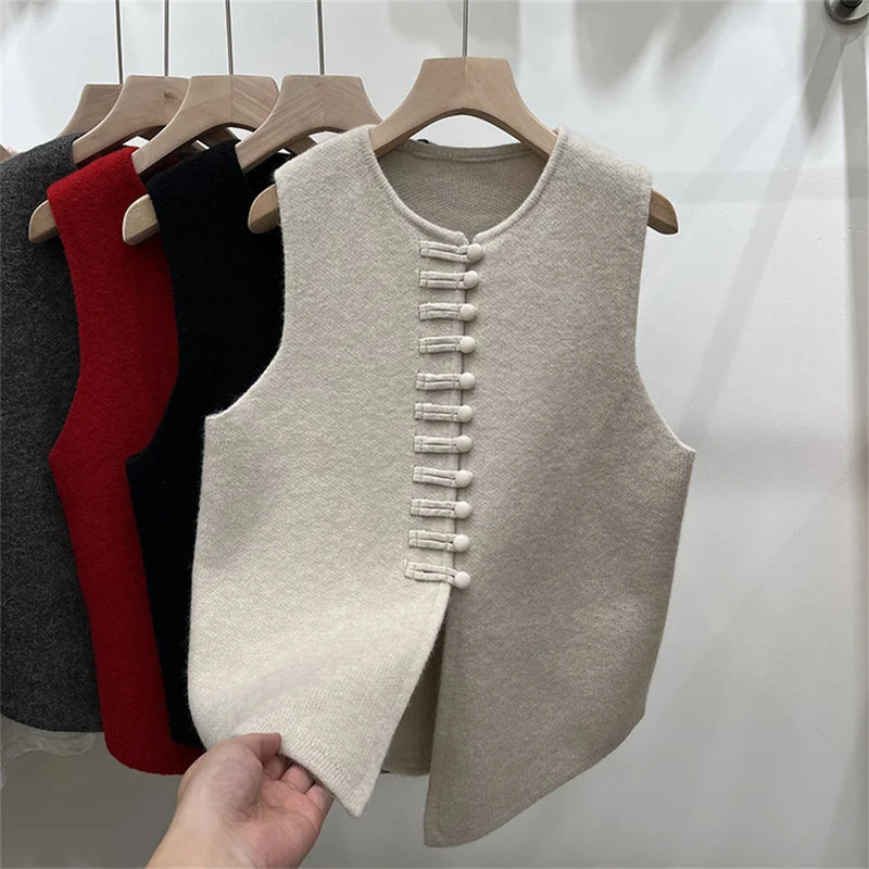 Fashion Cardigan Vest Sleeveless Waistcoat 2025 New Spring O- Neck Solid Button Knitted Women's Clothing Basic Tops