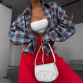 Women's Spring Blouse Jacket Shirt Checkered Short-sleeved Pocket Retro Luxurious Chic Trendy Minimalist Fashionable Comfortable