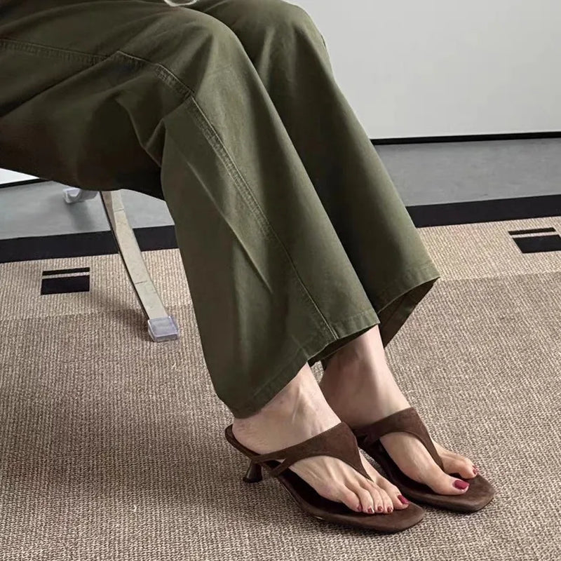 Women's Square Toe Thong Sandals Kitten Heel Slippers Summer Suede Flip Flops Elegant Mules for Ladies Outdoor Casual Dress Shoe