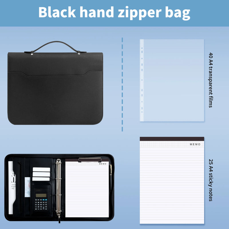 New A4 Portfolio 4 Ring Binder with Zipper, PU Leather Padfolio Document Organizer with Storage, Professional Business Briefcase
