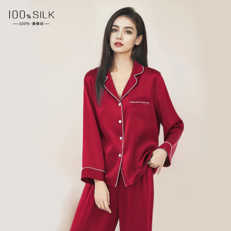 BirdTree, 19MM 100%Real Silk Pajamas Set, Women Long Sleeve Solid, Sexy Casual Long Pants Homewear, 2024 Summer Autumn S48086QC