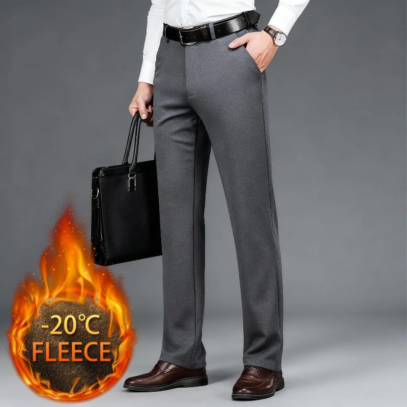 Winter Fleece Warm Business Formal Pants Men Classic Work Office Grey Elastic Waist Suit Thicked Thermal Trousers Plus