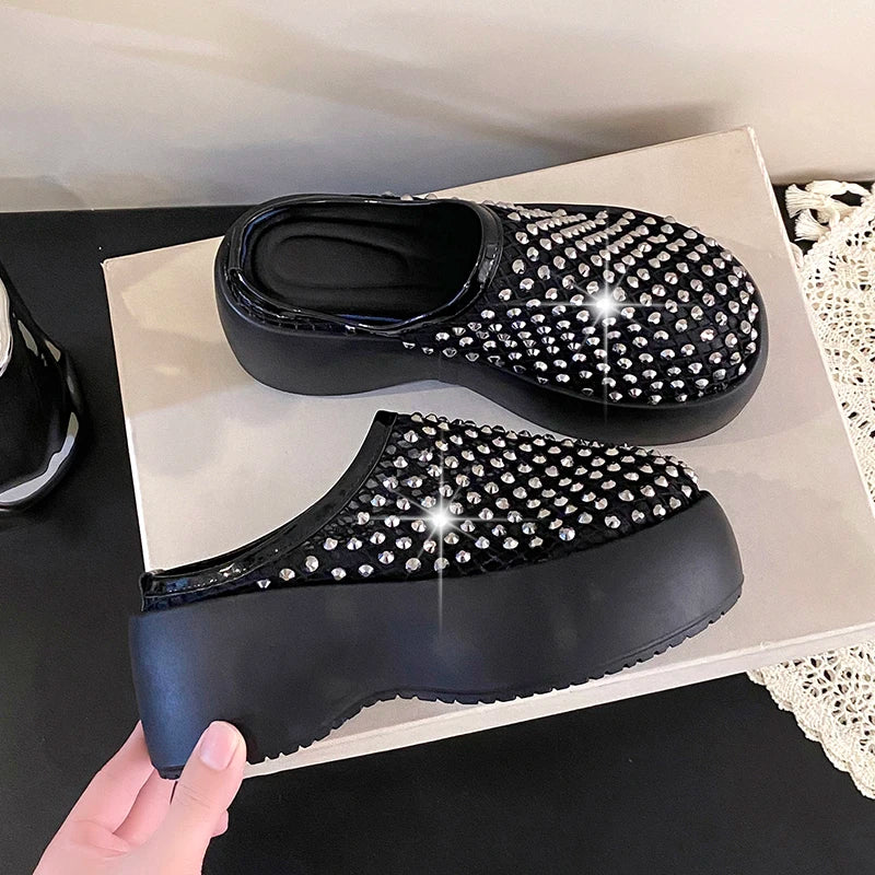 Summer Women Glitter Rhinestone Mesh Hollow Out Round Toe Platform Mules Slide Slippers Non Slip Casual Slippers Shoes for Women