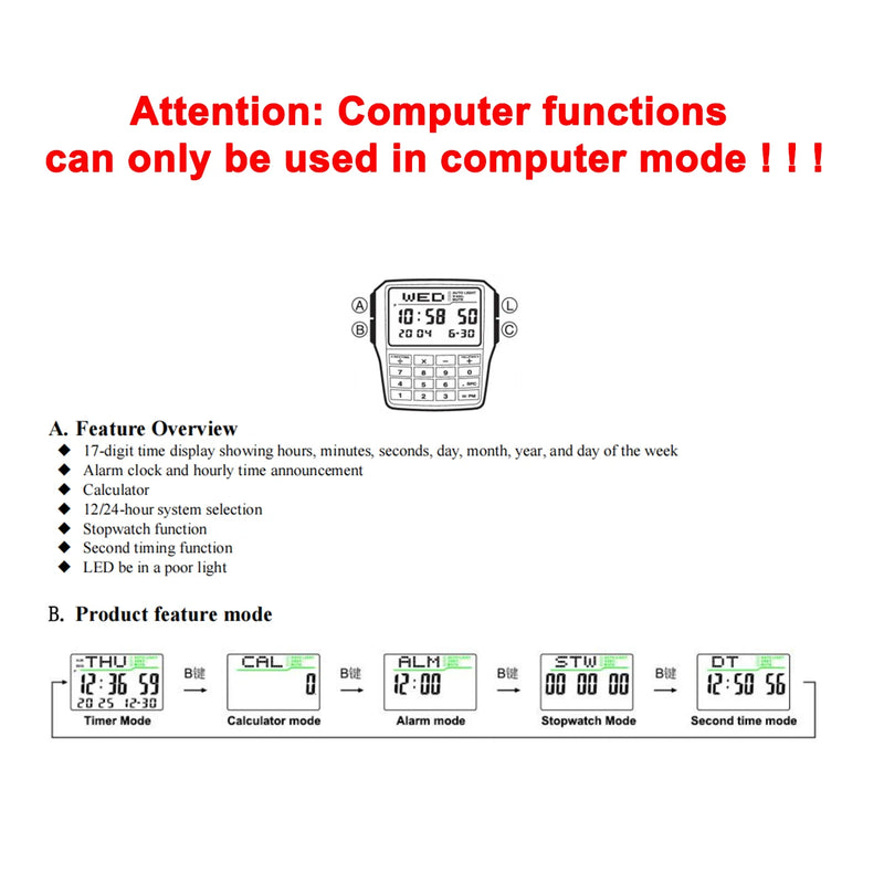 Men's Top Luxury LED Multifunction Calculator Watch Luminous Electronic Numeric Watch Keyboard Style