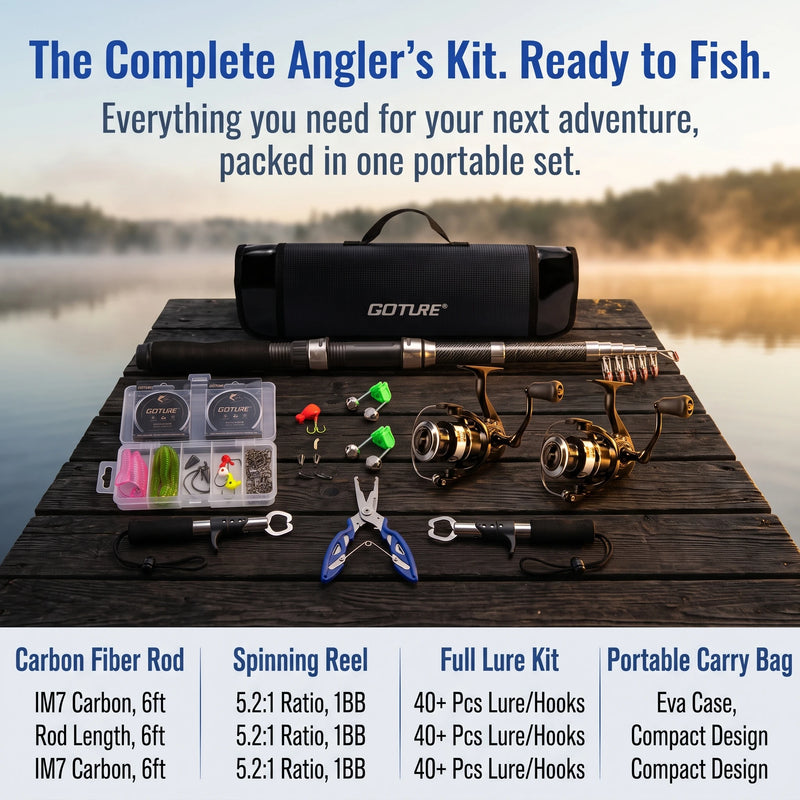 Carbon Telescopic Spinning Fishing Rod Reel Full Kit Pole Lures Hooks Line Pliers Gripper Complete Carry Bag,Fishing Set