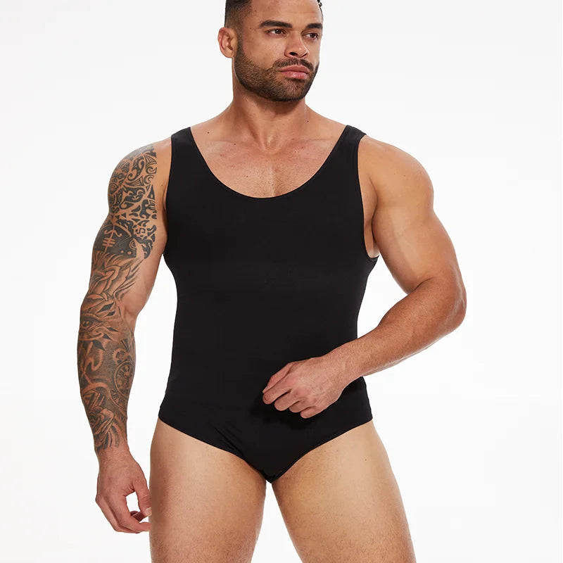 Mens Sleeveless Shapewear  Compression Bodysuit Tummy Control Waist Trainer Slimming Undershirts Open Crotch Corset