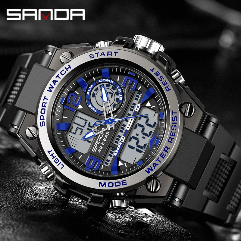SANDA 6024 Men Sports Quartz Watches Dual Display LED Electronic Digital Wristwatches Waterproof Watch - Visuel 3 | SAMAG