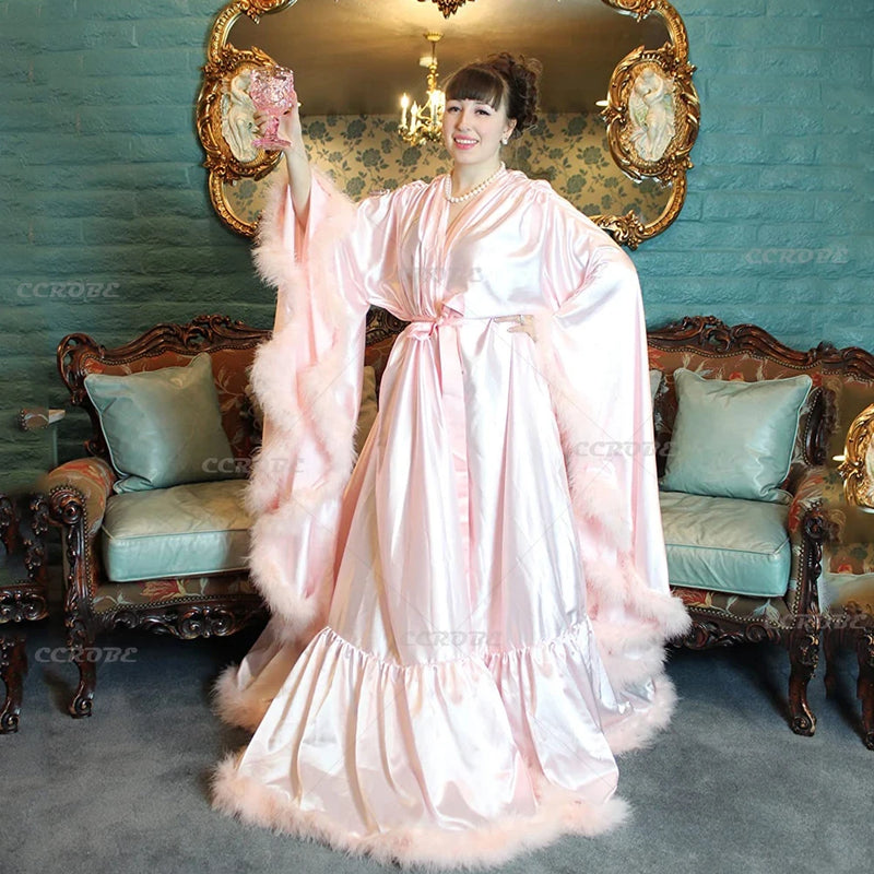 Bathrobe for Women Flare Sleeves Feather Bridal Robe Nightgown Silk Illusion Long Wedding Scarf Dressing Gown Photography Dress