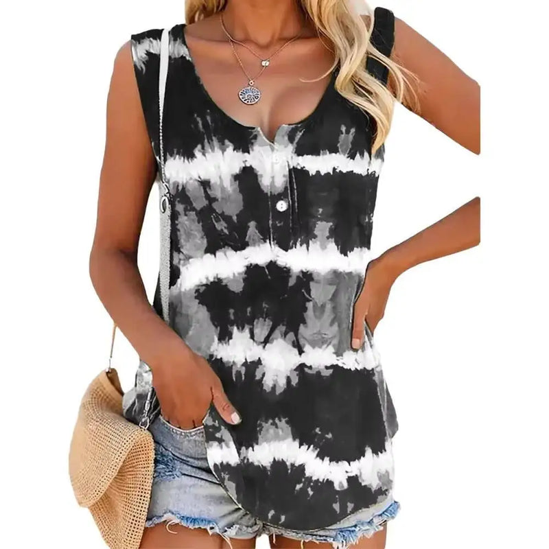 Women's Black White Tie Dye Tank Top V Neck Button Sleeveless Loose Tank Top Boho Spring Summer Day Casual Streetwear Top