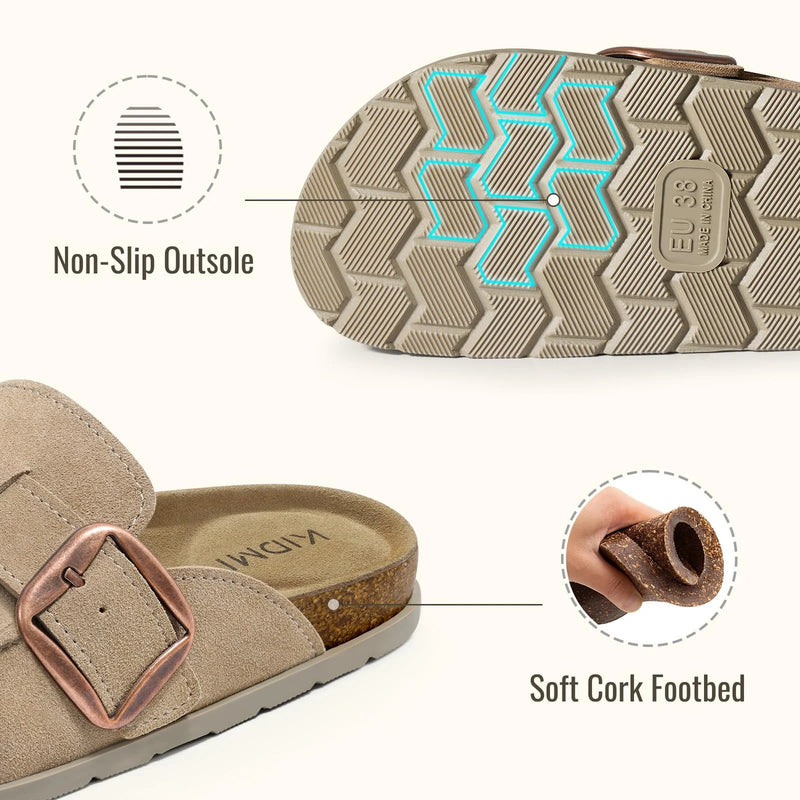 Crestar Women's Genuine Suede Clogs Outdoor Memory Foam Cork Footbed Leather Mules With Adjustable Buckle Lady Slip On Slippers