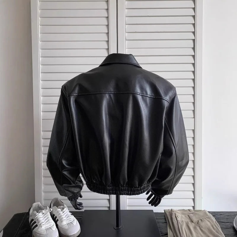 KIDWHXR Autumn Man Leather Jacket Streetwear Turn Down Collar Zipper Male Windproof Long Sleeve Loose Casual Men Outerwear