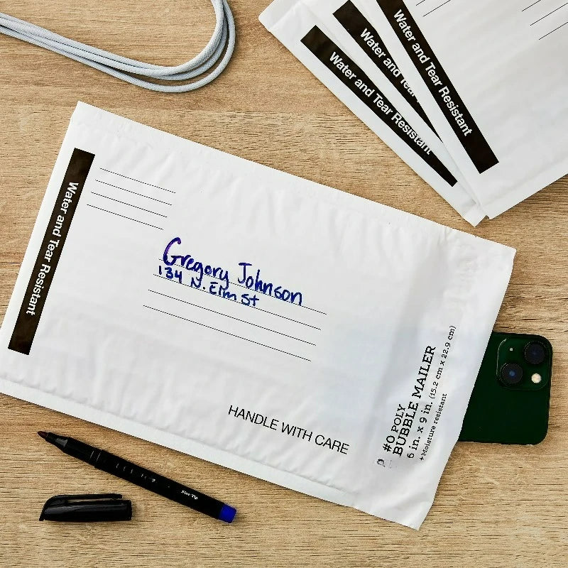 White Self-Sealing #0 Poly Bubble Mailers, Padded Envelopes, 6" x 9", 10 pack