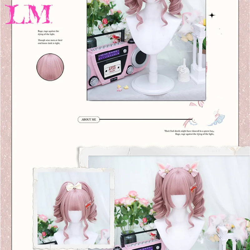 LM Medium Length Pink Cosplay Wig Heat Resistant Costume Party Synthetic Wigs 2 Clip On Ponytail 7 Colors