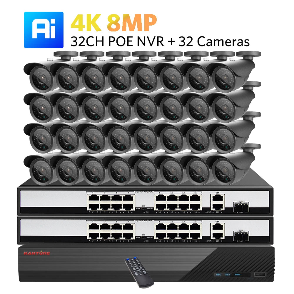 KANTURE 32CH CCTV 4K Ultra HD NVR Security Camera System POE 8MP Ai Human Detection Outdoor Waterproof Night Vision Camera Kit