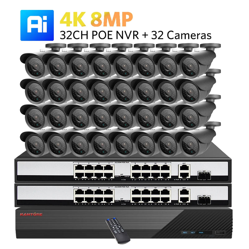 KANTURE 32CH CCTV 4K Ultra HD NVR Security Camera System POE 8MP Ai Human Detection Outdoor Waterproof Night Vision Camera Kit