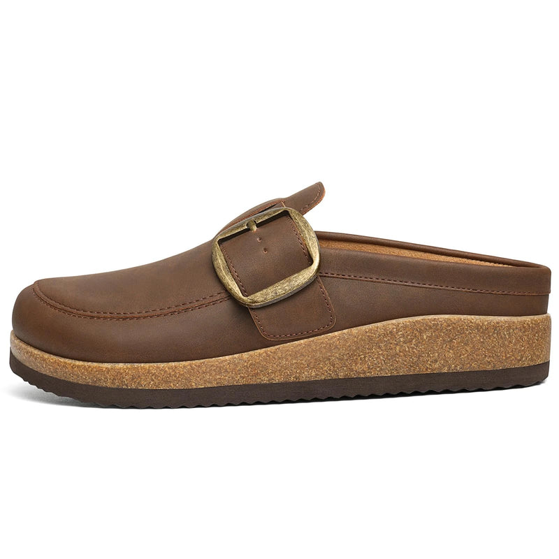 Kidmi Women's Classic loafer-inspired Design Vegan Leather Slip On Clogs With Big Buckle Lady Supportive Cork Footbed Slippers