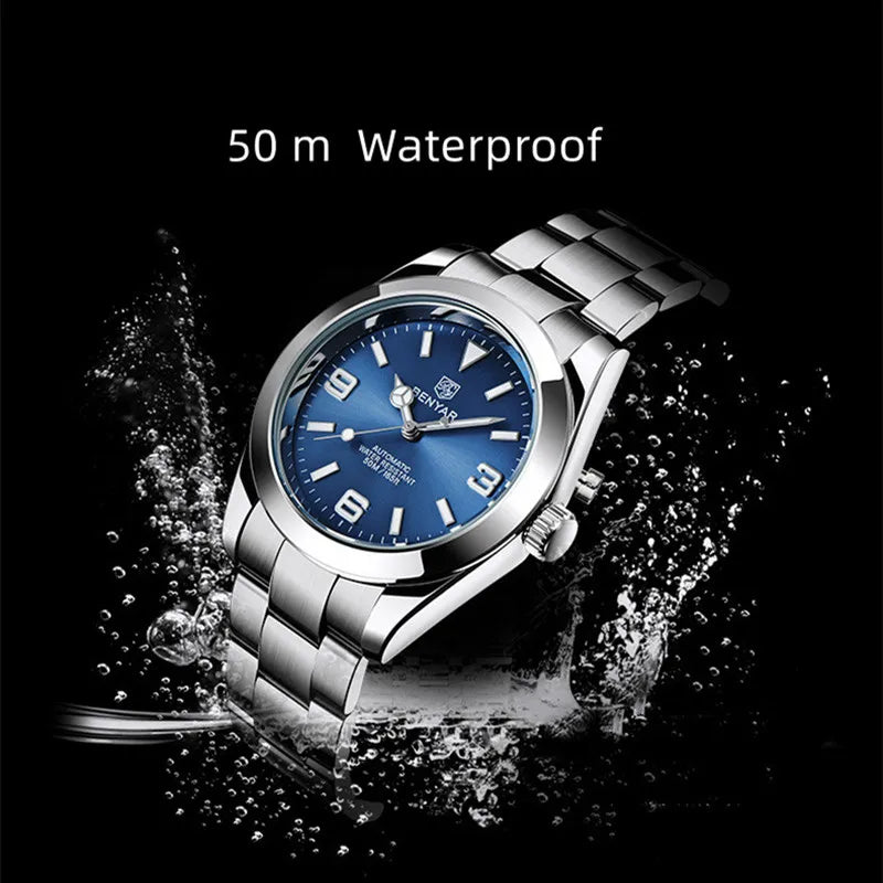 New BENYAR 41mm Men's Automatic Mechanical Watch Classic Blue Stainless Steel 50m Waterproof Luminous Male Business Wristwatch
