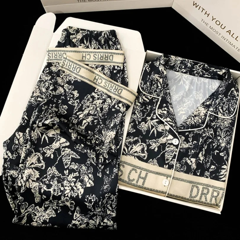 Spring and Autumn New Ladies Ice Silk Pajamas Homewear Suit Women Fashion Long-Sleeved Trousers Senior Sense of Homewear Suit