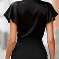 Women's Short Sleeve Satin Blouse Stand Collar Ruffle - View 3 | SAMAG