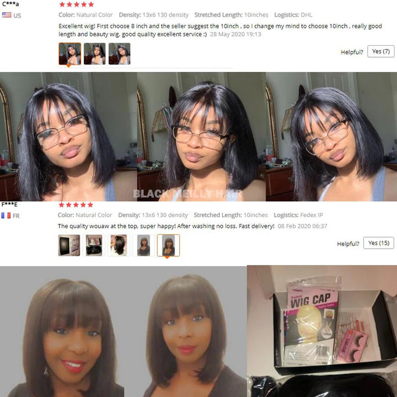 Short Bob Wigs with Bangs Malaysian Straight Silk Base Full Lace Human Hair Wigs 150% Density 5x5 in Silk Top Full Lace Wigs Bob