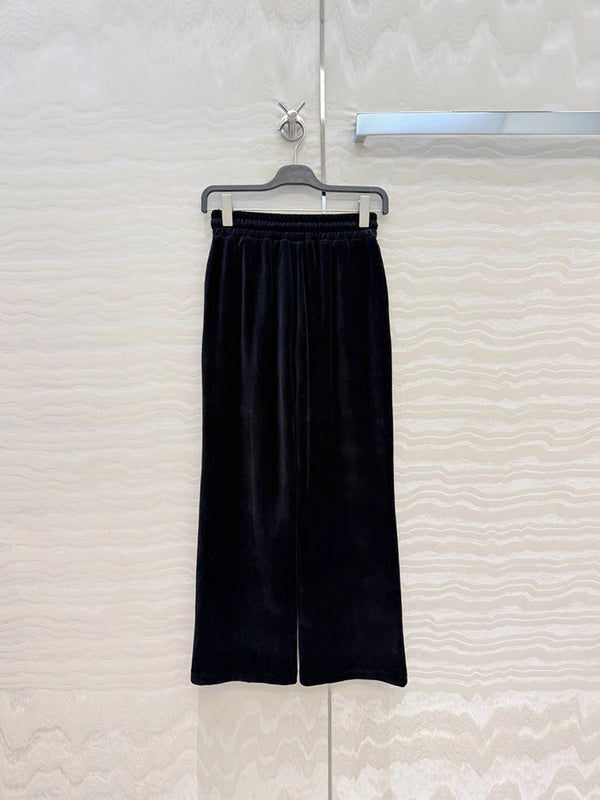 Autumn Winter Fashion Black Velvet Vintage Casual Wide Leg Pants Suit Women's Hooded Long Sleeve Coat+Drawstring Waist Trousers