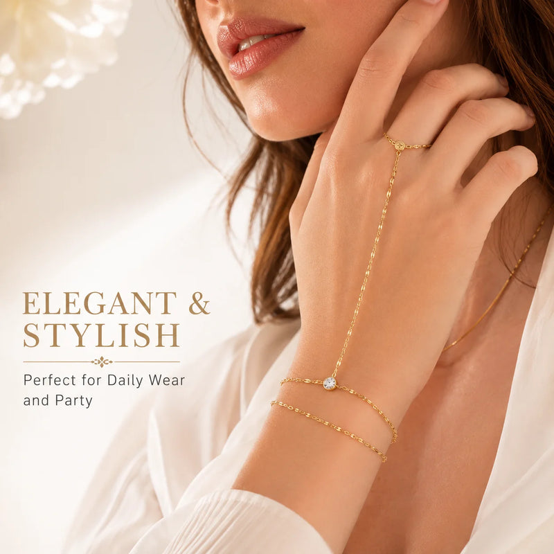 Stainless Steel Hand Chain Ring Bracelet for Women, Adjustable Gold Plated Double Layer Finger Summer - Visuel 3 | SAMAG