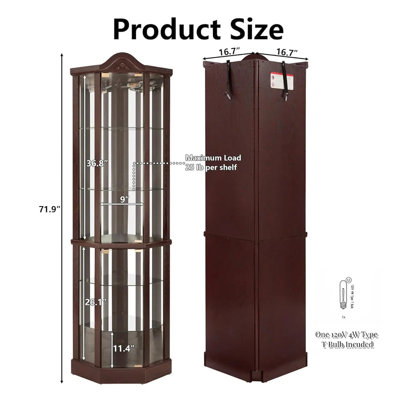 71.93''Tall Corner Display Cabinet with Lighted for Living Room,Corner Display Cabinet with Tempered Glass Doors &, Customized