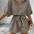 Summer New Set For Women's Casual Loose Comfortable Outfit Fashion Striped Batwing Sleeve Shirt Top+ Shorts 2-piece Sets Woman