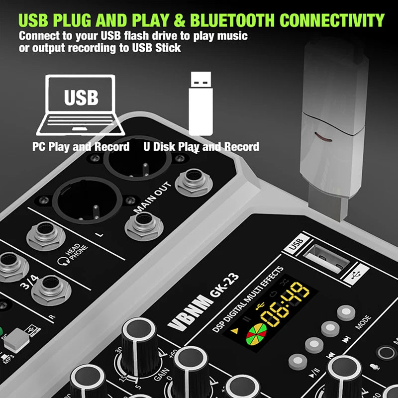 4-Channel Mixing Console with Wireless Microphone Kit USB Audio Mixer 48V Phantom Power Professional for DJ Karaoke PC Guitar