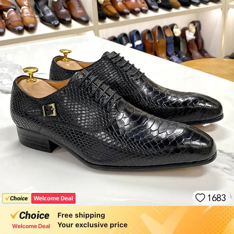 Luxury Men's Oxford Shoes Split Toe Lace-Up Dress Shoes in Black/Brown Suede with Patchwork Crocodile Print Leather Design