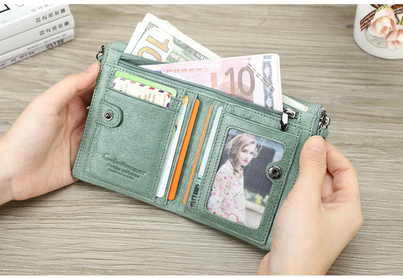 CONTACT'S Fashion Genuine Leather Women Wallet Bifold Card Holder Coin Purse Small Women's Purse Money Clip Men Pocket Wallets