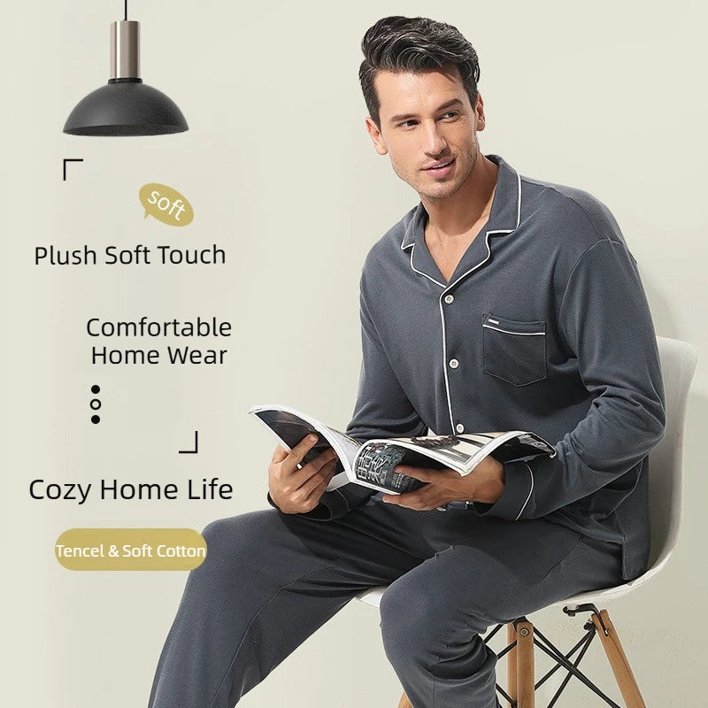 Men's Loose Fit Pajamas Set Soft Lyocell & Cotton Blend Breathable Sleepwear Cozy Home Loungewear Comfortable Pajamas