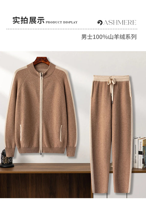 Men's Knitted Set 100% Cashmere Round Neck Zipper Open | SAMAG