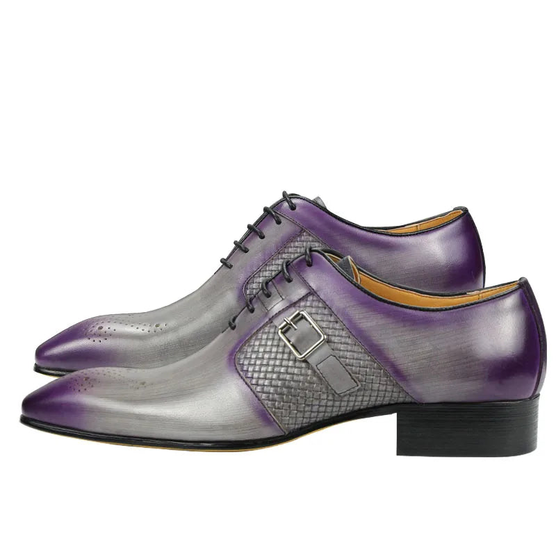 Summer Modern Men's Shoe Lace-Up Oxfords Business Office Fashion Footwear Metal Buckle Classic Gray Purple Dress Office Shoe