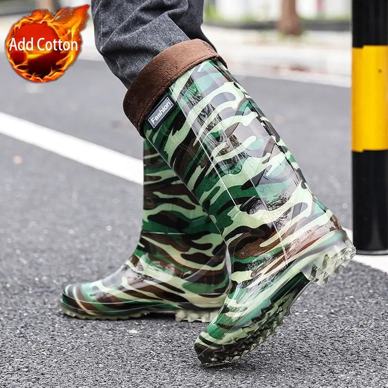 Men's Waterproof Rain Boots Knee High Anti-Slip Warm Fleece Lined Rubber Water Shoes Durable Fishing Garden Boots
